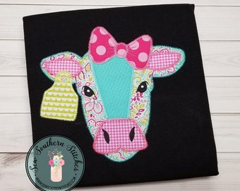 Zig Zag Cow Head With Bow Applique Design ~ Tag on Ear for Number or Monogram ~ Instant Download