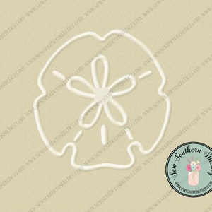 May include: White outline of a sand dollar with a five-pointed flower design in the center. The image is on a beige background with the text "Sew Southern Stitchez" in a circle with a floral design.