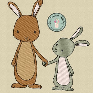 May include: Two brown and green cartoon bunnies holding hands. The larger bunny is brown and the smaller bunny is green. The bunnies are smiling and have large ears.