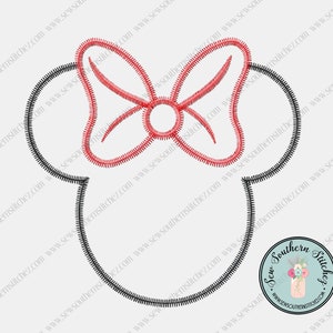 May include: Black and red embroidered design of a cartoon mouse head with a large bow. The design is perfect for embroidery projects.