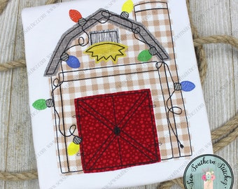 Raggedy Christmas Lights Barn Applique Design ~ Bean Finish ~ Quick Stitch ~ Instant Download