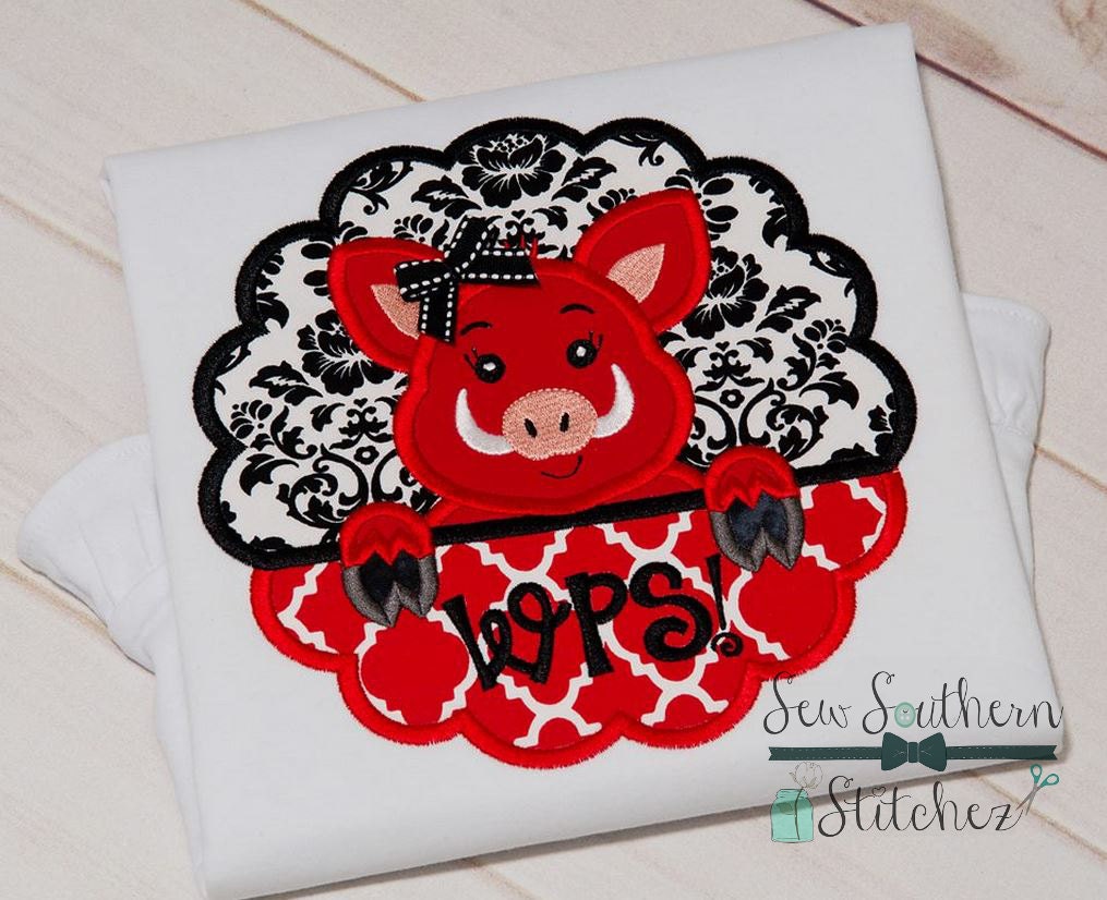 Pig Scallop Circle Applique ~ Pig Mascot ~ Instant Download