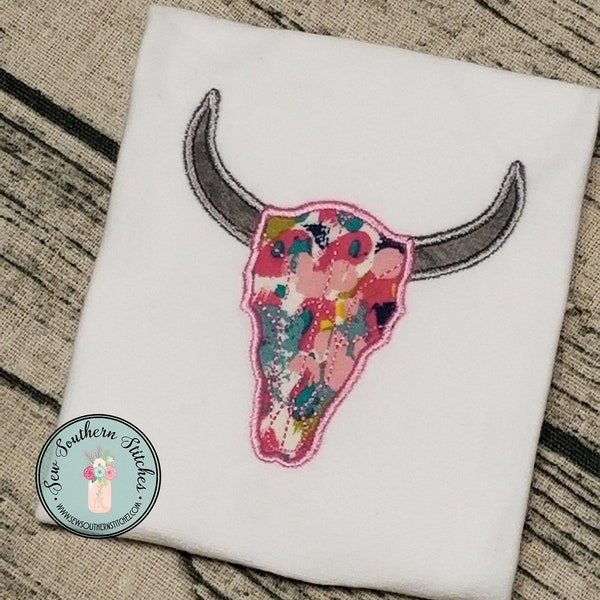 Steer Skull Applique Design ~ Steer Skull with Horns ~ Satin and Zig Zag finish ~  Instant Download