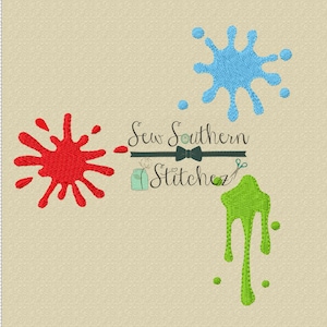 May include: Three paint splatters in red, blue and green. The red splatter is on the left, the blue splatter is on the top right, and the green splatter is on the bottom right. The text "Sew Southern Stitchez" is in the centre of the image.