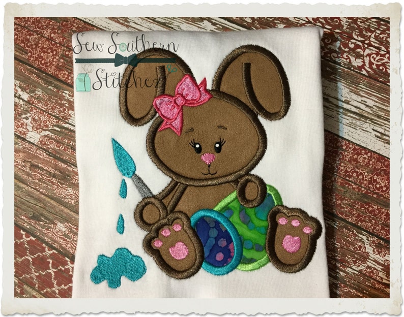 Beautiful Girl Painter Bunny Applique Design Girl Easter Bunny Applique Design Instant Download image 1