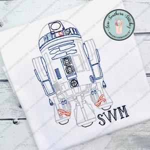 May include: Embroidered design of a white robot with blue and red details. The robot is a popular character from the Star Wars franchise. The text "SWM" is embroidered below the robot.