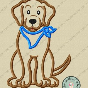 May include: Embroidered design of a brown dog wearing a blue bandana. The dog is sitting with its legs straight out in front of it. The design is surrounded by a beige background with the text "Sew Southern Stitchez" in a circle.