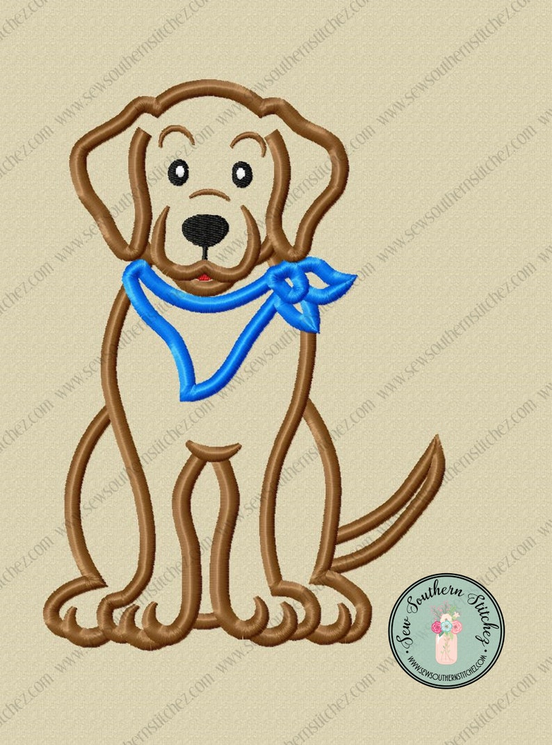 May include: Embroidered design of a brown dog wearing a blue bandana. The dog is sitting with its legs straight out in front of it. The design is surrounded by a beige background with the text "Sew Southern Stitchez" in a circle.