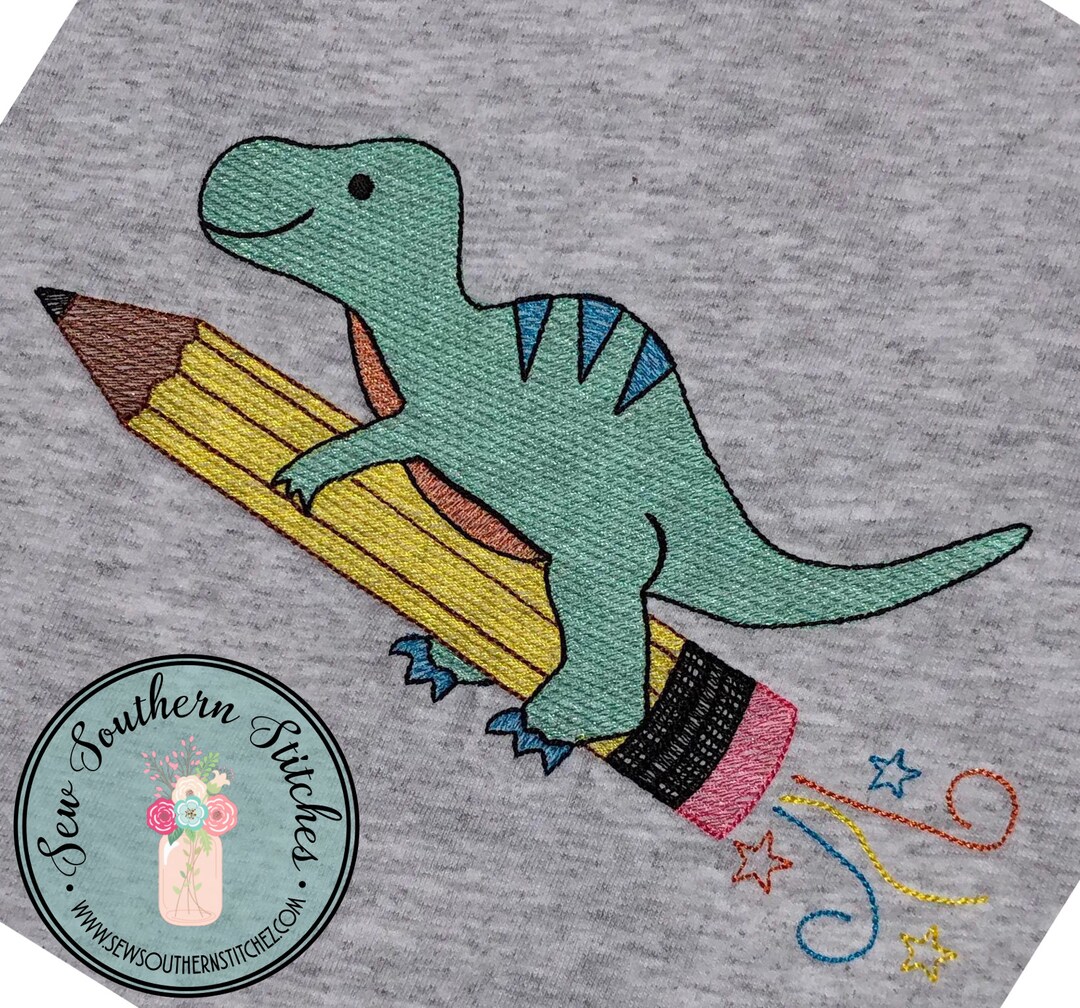 Sketch Filled Dinosaur Riding Pencil Rocket Embroidery Design ~ Back to ...