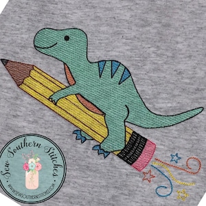 Sketch Filled Dinosaur Riding Pencil Rocket Embroidery Design ~ Back to School ~ Instant Download