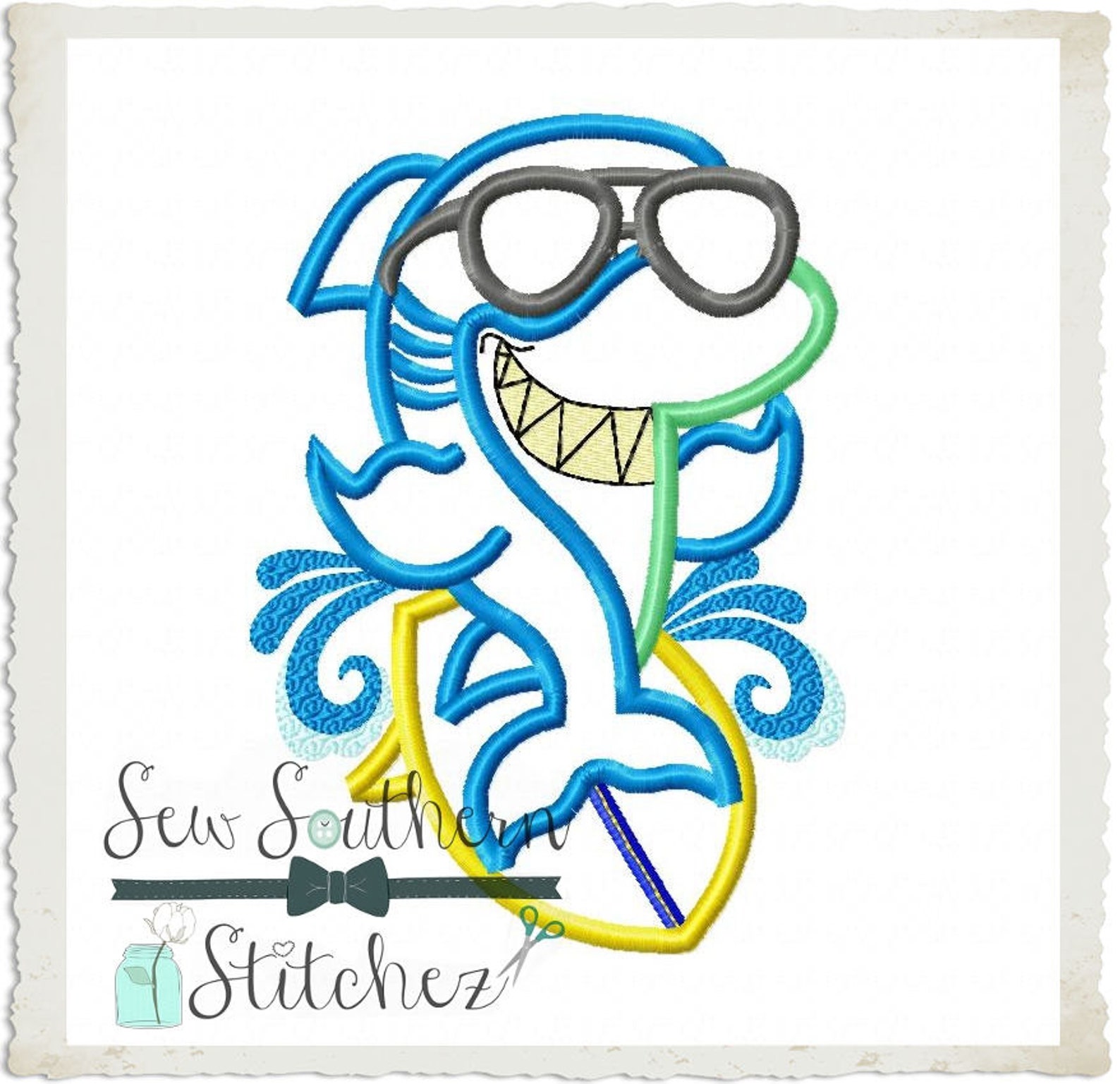 Shark on Surfboard Applique Design Beach Time Surfing Shark Etsy