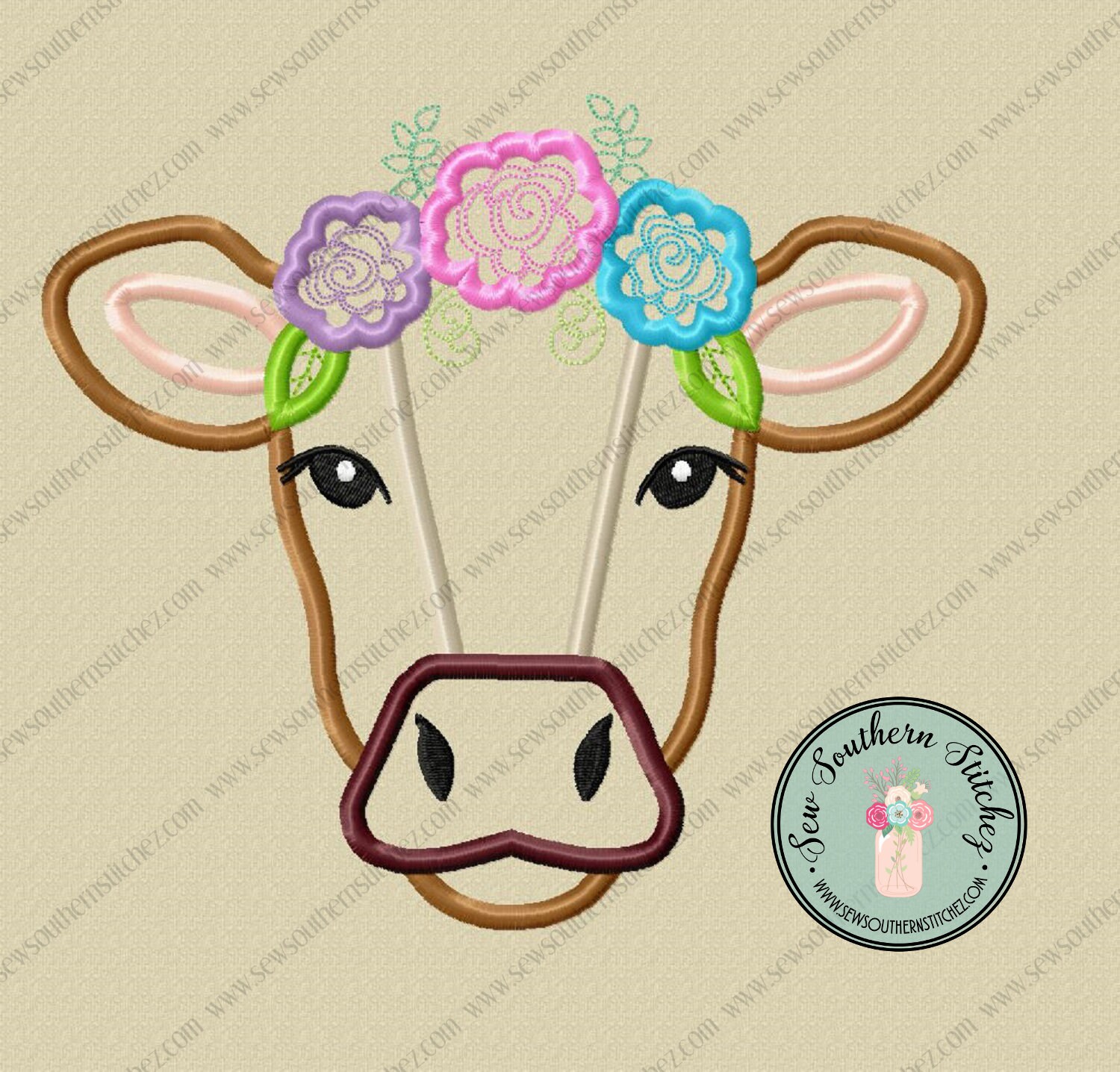 Floral Cow Head Applique Design ~ Floral Crown ~ Satin Finish ~ Instant ...