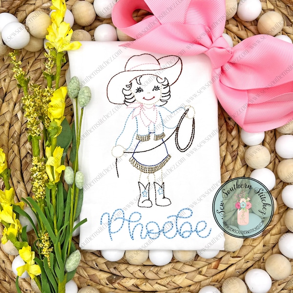 Sketched Cowgirl Embroidery Design ~ Instant Download ~ Vintage~Sketch~Bean~Heirloom Stitch