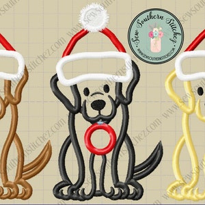 May include: Three cartoon dogs wearing Santa hats. The dogs are brown, black, and yellow. The black dog is holding a red ring in its mouth.