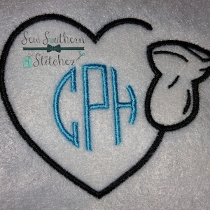 May include: A black outline of a heart with a blue monogram "CPH" inside. A black outline of a dolphin is to the right of the heart.