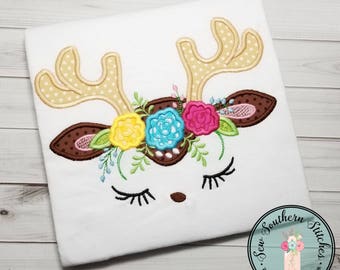 Floral Reindeer Face Applique Design ~ Reindeer Face with Floral Crown ~ Instant Download