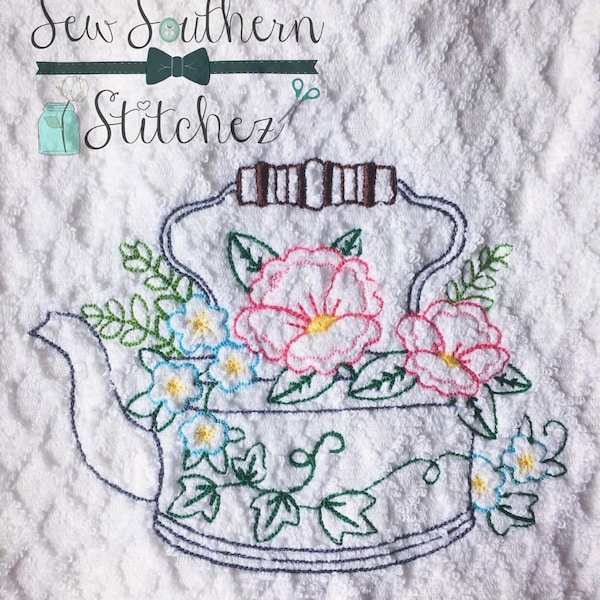 Sketch Floral Tea Kettle Design ~ Floral Design ~ Easter or Mother's Day ~ Quick Stitch ~ Floss ~ Bean ~ Vintage ~ Instant Download