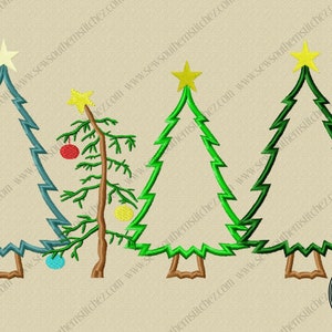 4 Christmas Trees in a Row Applique Design 4 Trees in a Row Satin Finish Motif and Sketchy for the smaller sizes Instant Download image 4