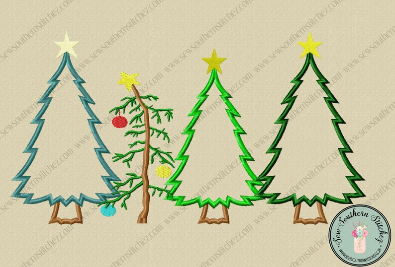 4 Christmas Trees in a Row Applique Design 4 Trees in a Row Satin Finish Motif and Sketchy for the smaller sizes Instant Download image 4