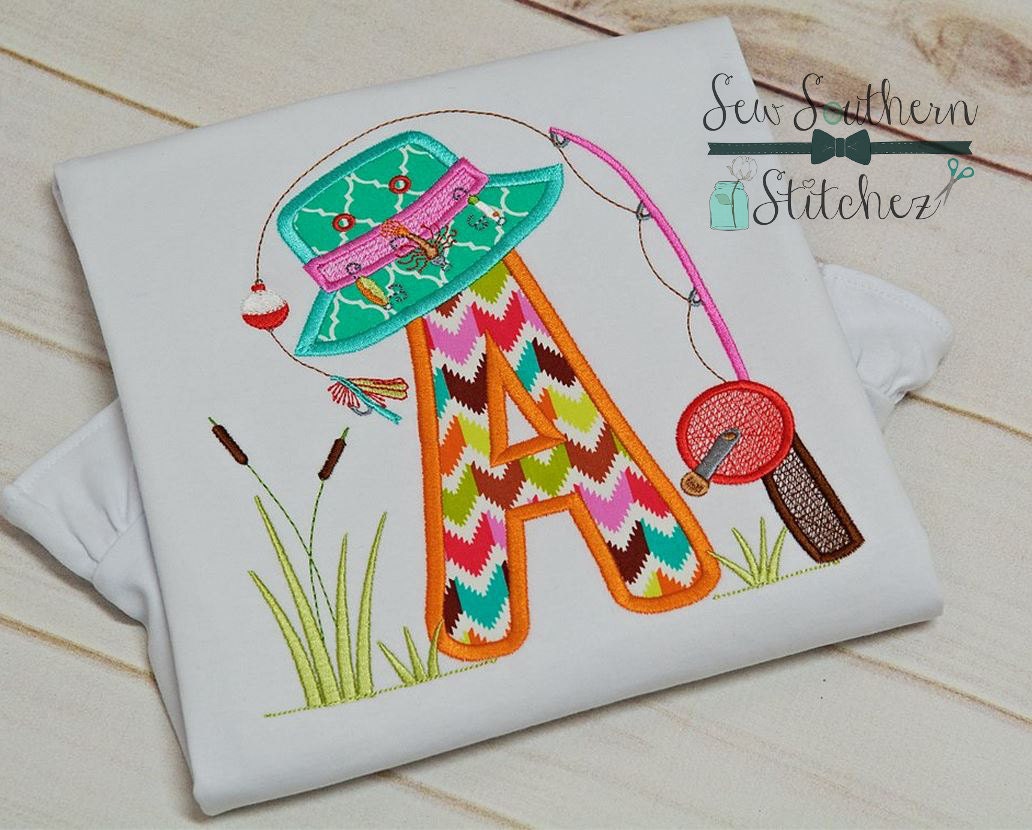 Fishing Hat Alphabet Applique in 5 Sizes ~ Cattails ~ Fishing Rod ~ I…