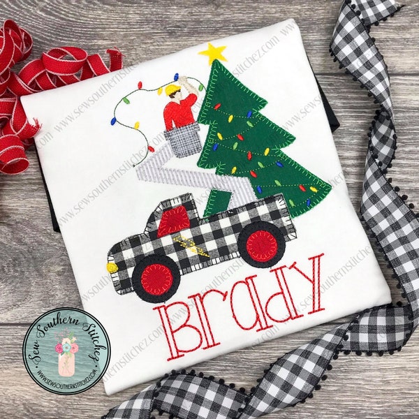 Christmas Bucket Truck Applique Design ~ Blanket Finish ~ Utility/Lineman Truck ~ Christmas Lights on Tree Applique ~ Instant Download