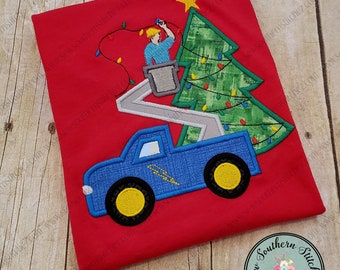 Christmas Bucket Truck Applique Design ~ Satin Finish ~ Utility/Lineman Truck ~ Christmas Lights on Tree Applique ~ Instant Download