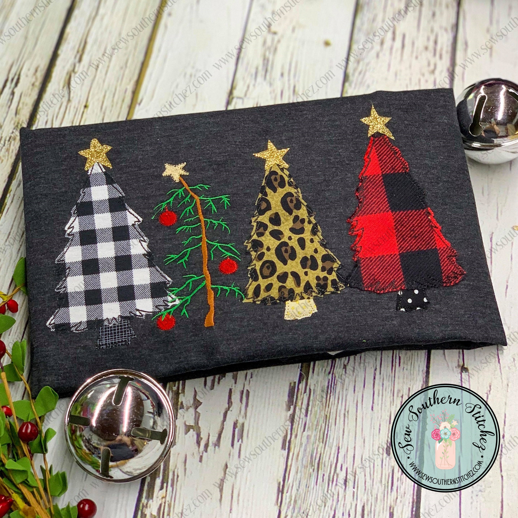Raggedy Christmas Trees in a Row Applique Design ~ 4 Trees in a Row ~…