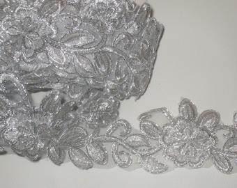 thread and organza high end embroidery floral trim for your fashionwedding design 2 yards in 2 34 width in silver color poly
