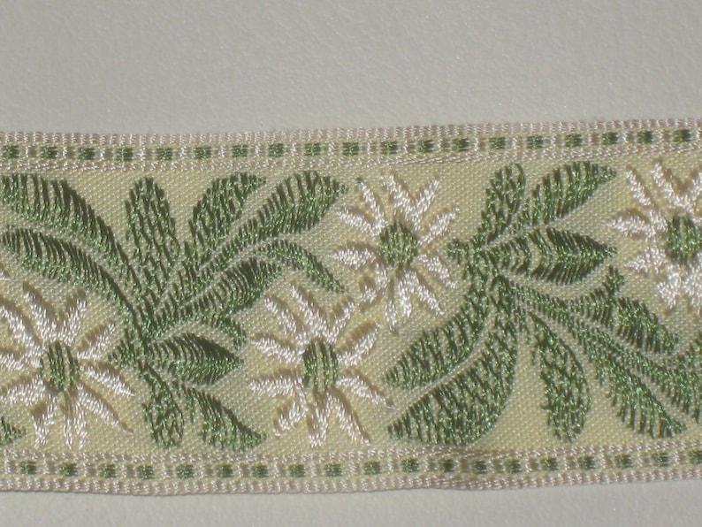 ivory spearmint green color with floral pattern embroidery trim b2 2 yards in 1 58 width woven poly cotton tapestry trim in nile green