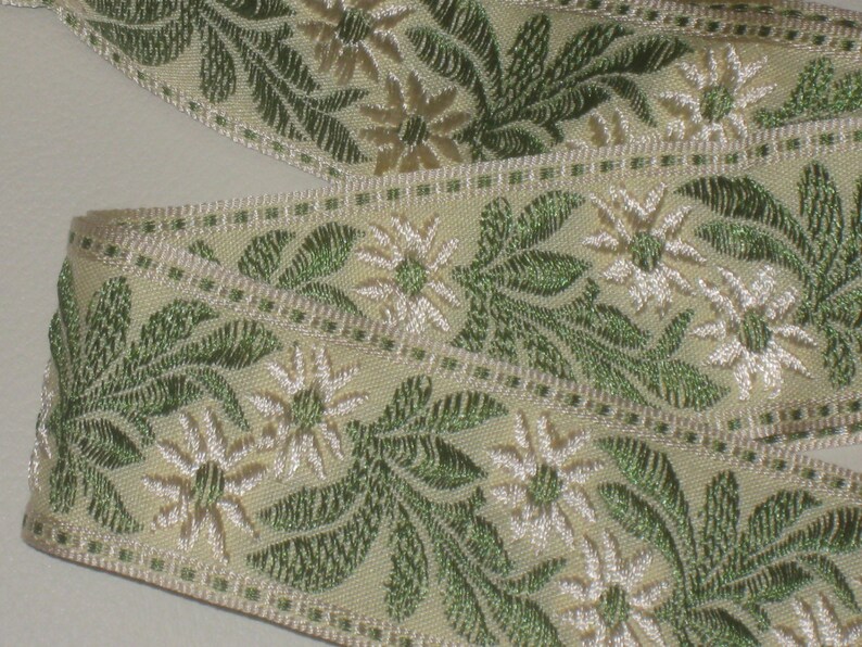 ivory spearmint green color with floral pattern embroidery trim b2 2 yards in 1 58 width woven poly cotton tapestry trim in nile green