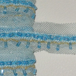10 yards 1&quot; width turquoise color tulle with beads for your fashion/wedding design decorative project (b2)