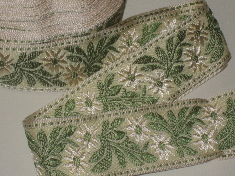 ivory spearmint green color with floral pattern embroidery trim b2 2 yards in 1 58 width woven poly cotton tapestry trim in nile green
