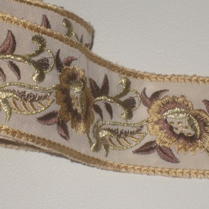 1 yard 2&quot; width beige color with gold, dark bronze&dark gold color embroidery floral high end soft organza trim for your fashion design(b2)