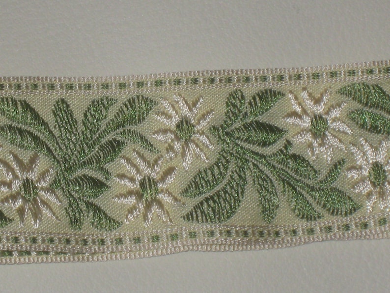 ivory spearmint green color with floral pattern embroidery trim b2 2 yards in 1 58 width woven poly cotton tapestry trim in nile green