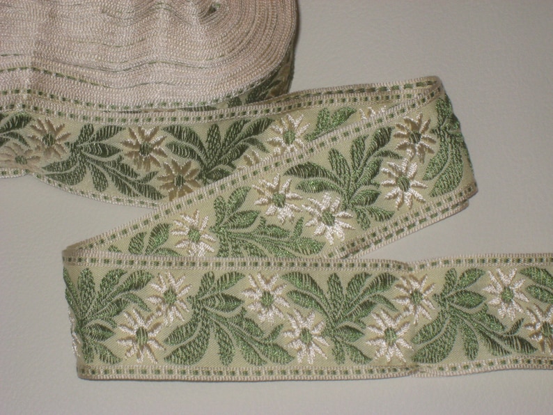 ivory spearmint green color with floral pattern embroidery trim b2 2 yards in 1 58 width woven poly cotton tapestry trim in nile green