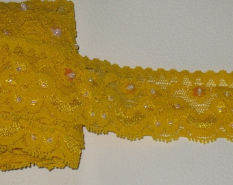 6 Meter 1 3/8" Breite dunkelgelb Farbe und Vorderseite mit Perlen und Pailletten dekorative Stretch Spitzen borte (b1)