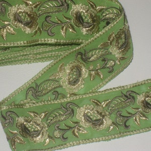1 yard 2&quot; width kiwi green color with gold and dark dogwood color embroidery floral high end soft organza trim for your fashion design (b2)