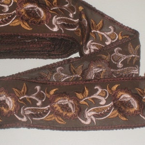2 yards 2&quot; width brown color with dark gold, dark brown  color embroidery floral high end soft organza trim for your fashion design (b2)