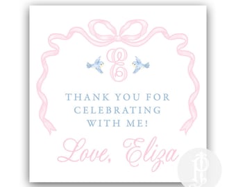 Personalized Pink Bow with Blue Birds / Party Favor Tag / Watercolor Tag