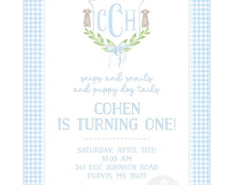 May include: A blue and white gingham background with a white card. The card has a monogram with the letters CCH and two dogs on either side of the monogram. The text on the card reads "snips and snails and puppy dog tails Cohen is turning one! Saturday, April 13th 10:00 AM 241 Doc Johnson Road Purvis, MS 39475 kindly reply Holly 601- "