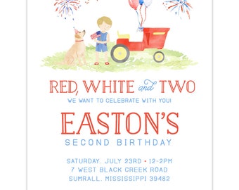 May include: Red, white, and two: Easton's second birthday invitation featuring a watercolour illustration of a boy holding a flag, a dog, and a red toy tractor. The invitation includes the date, time, and location of the party. It also says "Be sure to bring swimsuit and towel!"