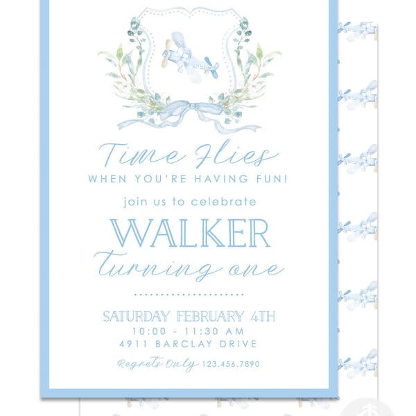 Watercolor Airplane Crest Birthday Invitation