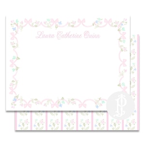 Papeterie aquarelle petite fille / Cartes de correspondance classiques avec noeud rose et fleurs