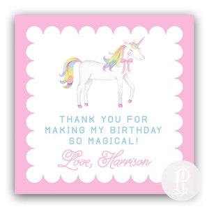 May include: Pink thank you card featuring a white unicorn with a rainbow mane and tail. The card reads "Thank you for making my birthday so magical! Love, Harrison".