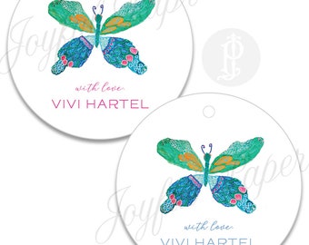 Étiquettes cadeaux rondes papillon aquarelle