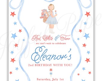 Watercolor Red, White, and Two Birthday Girl Invitation