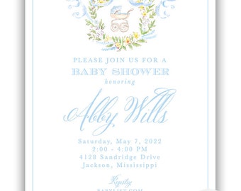 May include: A light blue baby shower invitation with a watercolor illustration of a baby carriage surrounded by flowers and a blue ribbon. The text reads "Please join us for a baby shower honoring Ally Wills. Saturday, May 7, 2022, 2:00 - 4:00 PM, 4128 Sandridge Drive, Jackson, Mississippi. Registry: BABYLIST.COM, Regrets: 123.456.7890"
