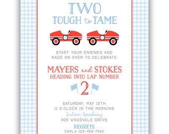 Race Car Birthday Invitation / Blue Gingham