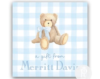 Watercolor Teddy Bear Blue Gingham Tags / Classic Boy / Enclosure Cards / Calling Cards