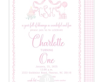 Watercolor Birthday Balloons Cake Invitation / Girls Birthday Invitation / Classic Girl Birthday
